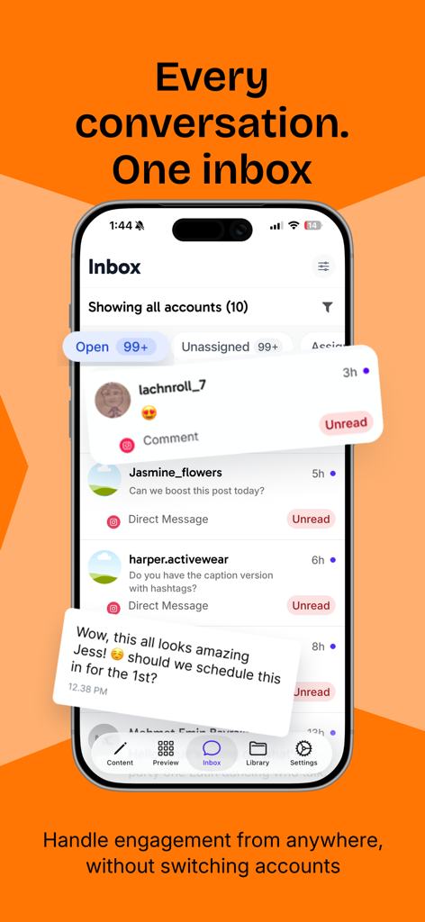 Sked Social - Mobile screen showing Sked Social unified inbox with multiple social media conversations