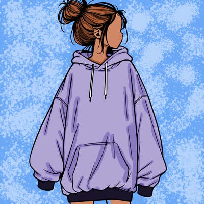 realistic girl with a oversized sweatshirt on and a bun