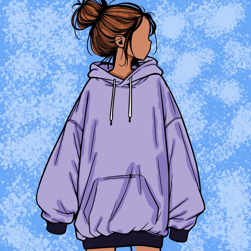 realistic girl with a oversized sweatshirt on and a bun
