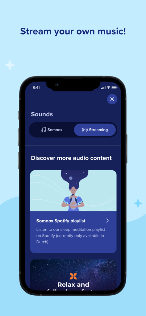 Somnox: Breathe, Relax, Sleep - A mobile interface for the Somnox app showing options to stream music and access sleep playlists on Spotify