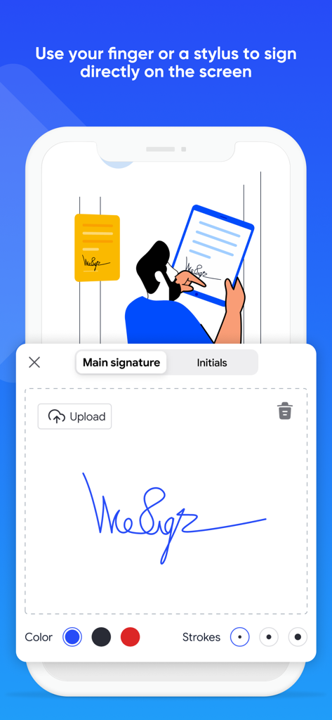 AMIS WeSign - Mobile interface of AMIS WeSign showing a user-drawn electronic signature on a smartphone screen.