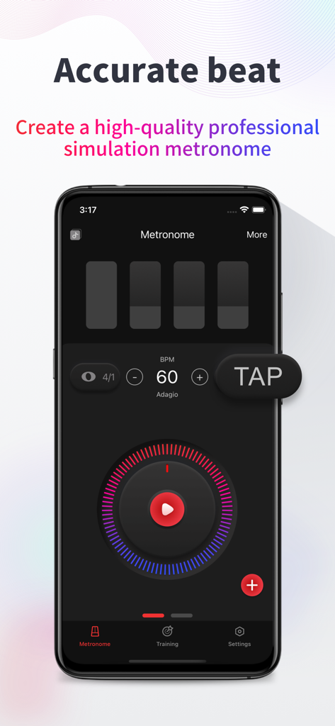 Metronome-music beat rhythm - Professional simulation metronome app interface with bpm control and tap tempo button