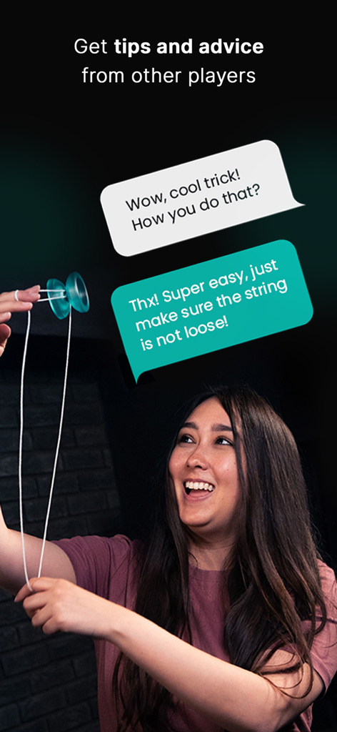 Skill Addicts – Play & Learn - A young woman smiling while practicing a yoyo trick and receiving advice from the community.
