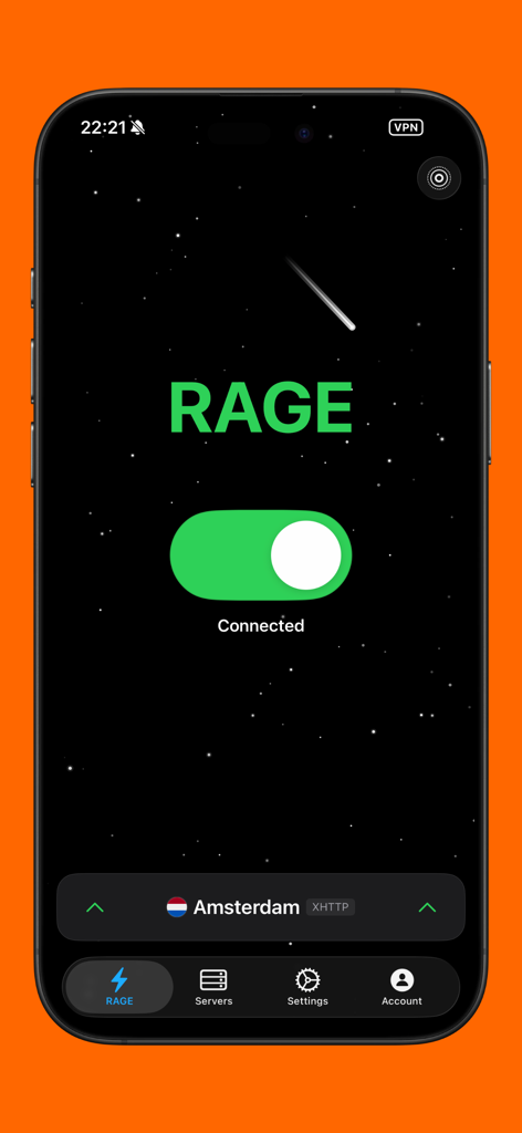 RAGE - Unlimited Access - RAGE VPN app interface showing a connected status to an Amsterdam server with a sleek dark mode design.