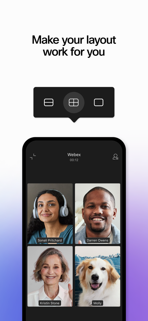 Interfaz de la aplicación móvil de Cisco Webex que muestra una cuadrícula de videollamada de 2x2 con opciones de diseño personalizables para reuniones profesionales