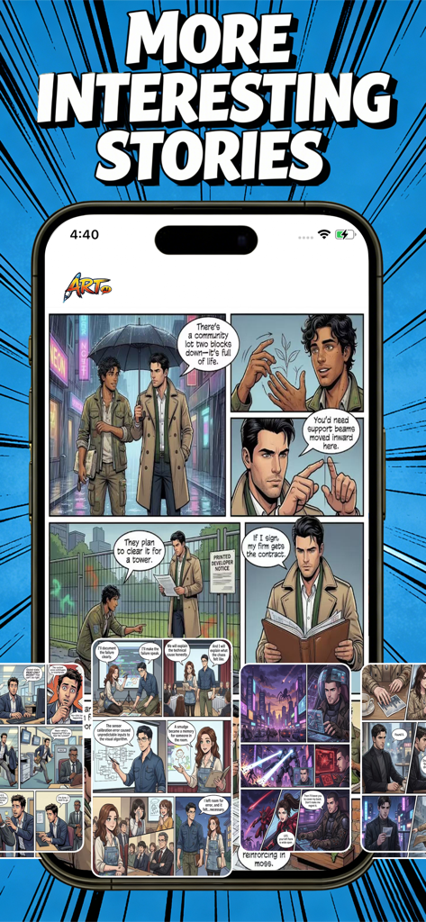Un smartphone mostrando varios paneles de cómics y mangas generados por IA.