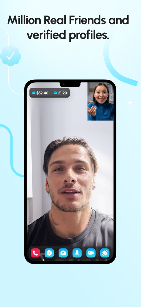 Rent A Cyber Friend - A smartphone screen displaying a live video call session between two users on the Rent A Cyber Friend app.