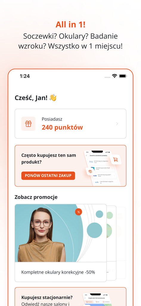 KODANO - The home screen of the KODANO app displaying loyalty points and quick access to reordering contact lenses and glasses
