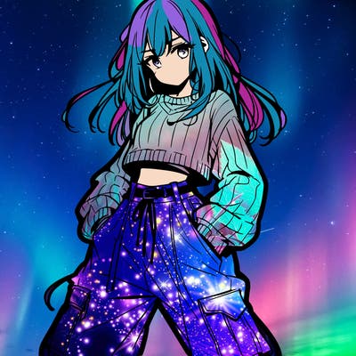 anime teen girl with baggy pants and crop top with sweater