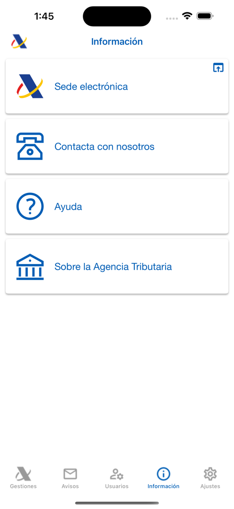 Information menu of the AEAT Spanish tax agency app featuring links to electronic office and support