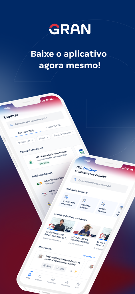 Gran Cursos Online - Interface do app móvel Gran Cursos Online mostrando ferramentas de estudo para concursos brasileiros