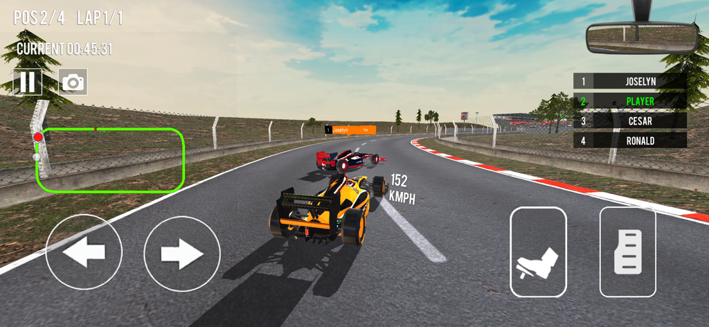 A formula car racing on a professional track with game UI elements and leaderboard