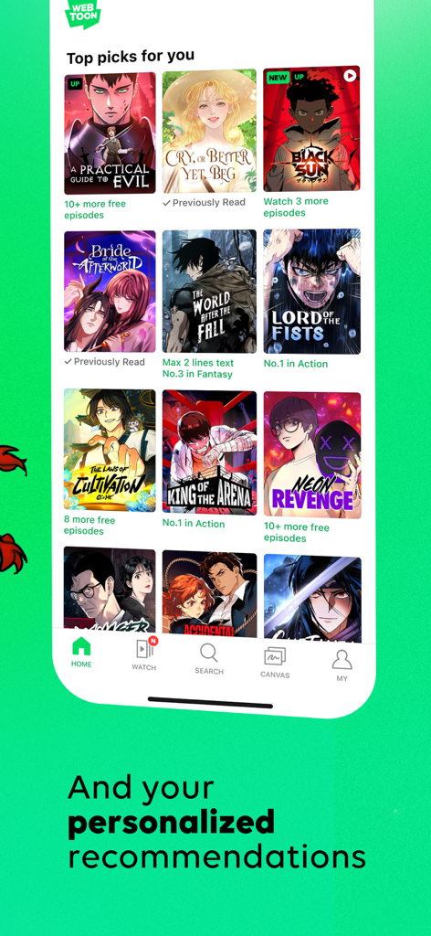 WEBTOON: Manga, Comics, Manhwa - WEBTOON mobile app interface showing personalized comic book recommendations and top picks