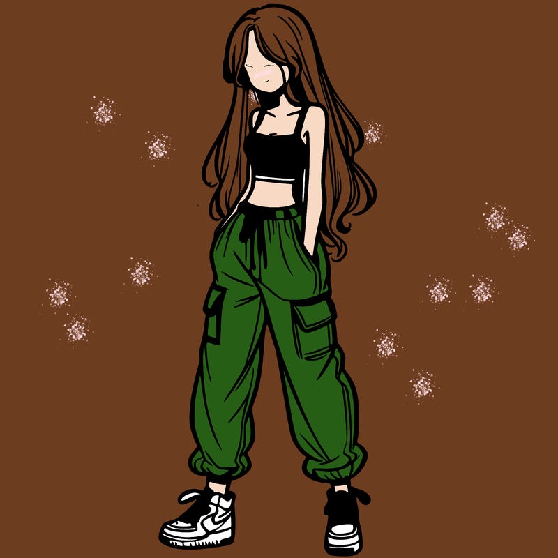 girl in baggy pants crop top and long hair