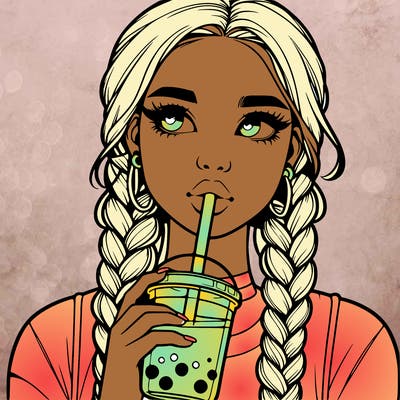 realistic girl with braided hair drinking boba