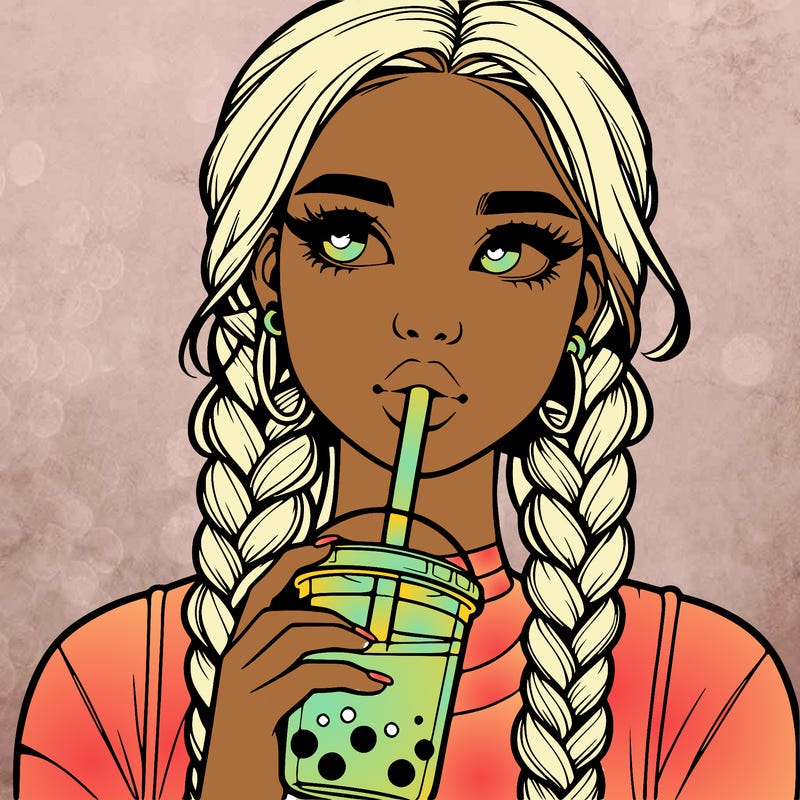 realistic girl with braided hair drinking boba