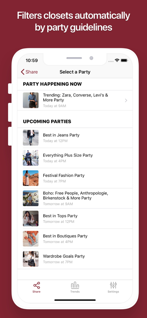 ClosetMate: Poshmark Bot - ClosetMate app interface showing a list of current and upcoming Poshmark parties for automated sharing.