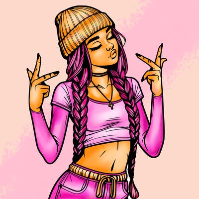 realistic teenage girl with braids and a beanie and crop top doing 🫶🏼