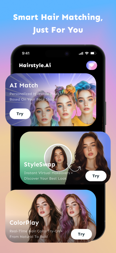 Una interfaz de aplicación móvil que muestra funciones de coincidencia de cabello con IA que incluyen StyleSwap y ColorPlay para cambios de imagen virtuales de cabello.