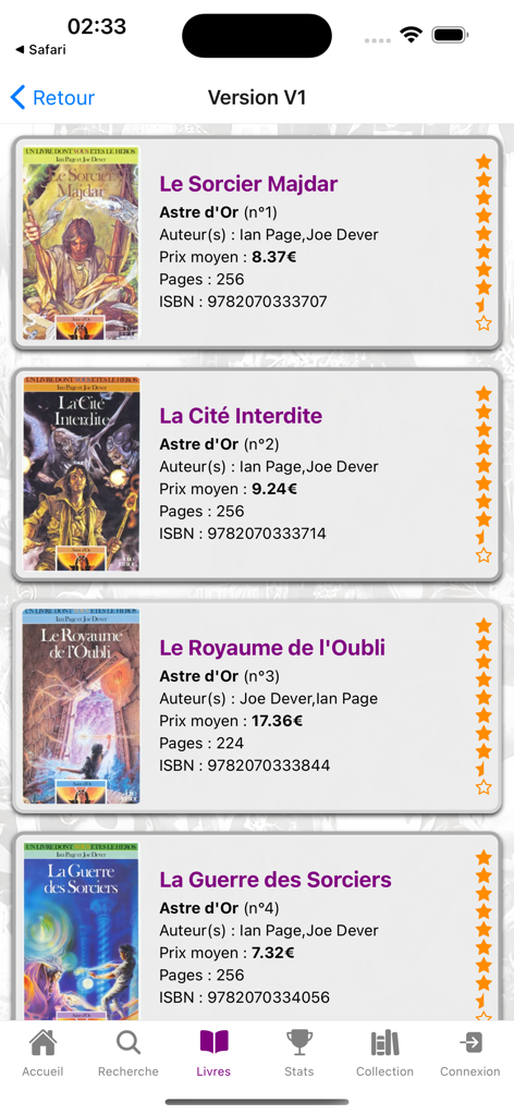 Una lista de librojuegos coleccionables en la aplicación Collection LDVELH que muestra títulos, autores y valores de mercado actuales