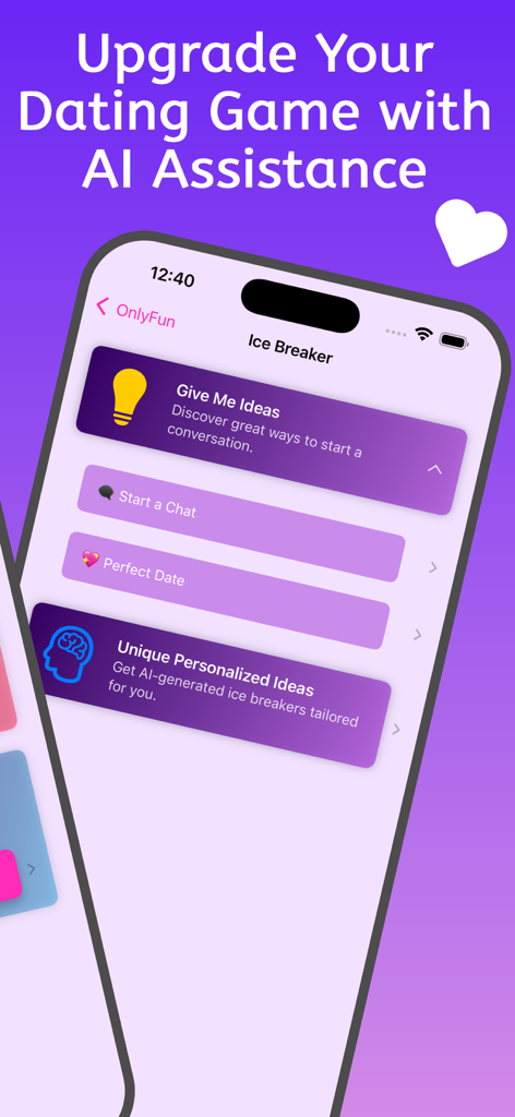 OnlyFun: Dating in your city - OnlyFun App-Screenshot, der KI-gestützte Eisbrecher-Tools und Gesprächsstarter-Ideen für das Dating zeigt