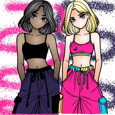 two girls with crop top with baggy pants