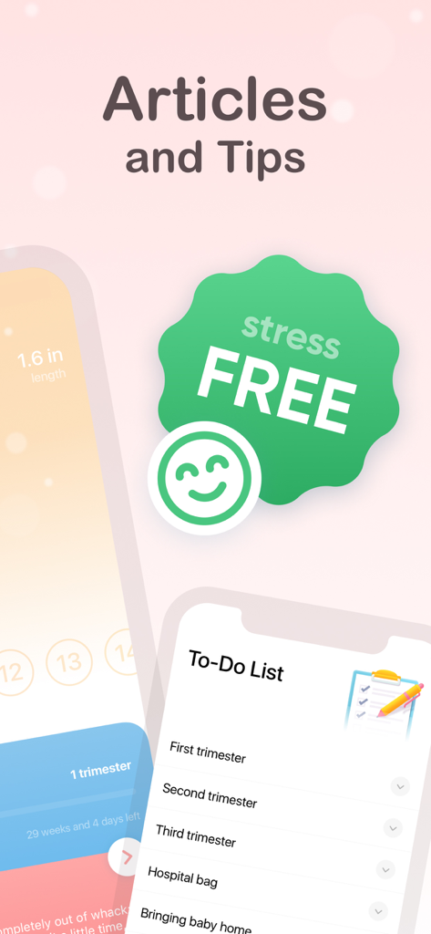 My Pregnancy | Tracker & App - Benutzeroberfläche der Schwangerschaftstracker-App, die To-Do-Listen für das Trimester und hilfreiche Artikel zeigt.