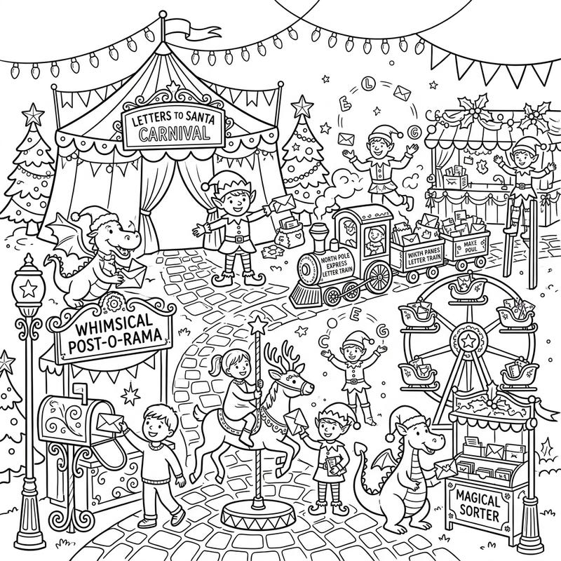 Step right up to a truly magical event where holiday cheer meets carnival excitement! This unique coloring page brings together the joy of sending letters to Santa with the festive fun of a bustling fairground.