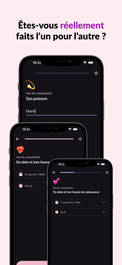 Três telas de smartphone exibindo o questionário do teste de compatibilidade amorosa Yoni IA, solicitando nomes e datas de nascimento