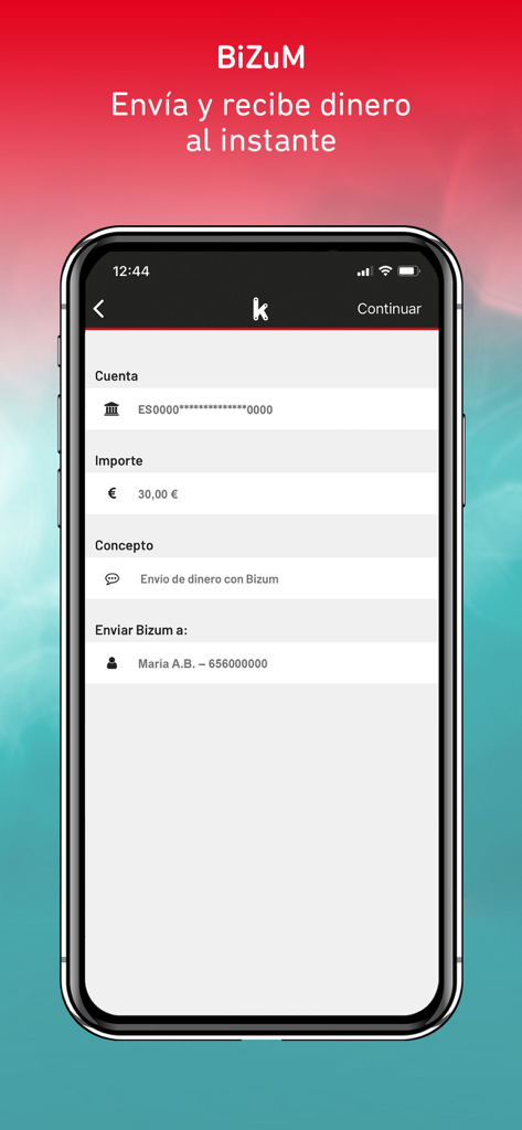 Pantalla móvil de la aplicación KutxabankPay que muestra una transferencia de dinero Bizum de 30 euros a un contacto.