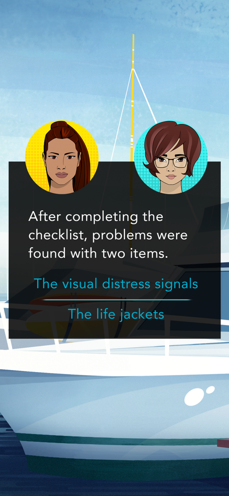 ilearntoboat - A gamified story screen from the ilearntoboat app where characters discuss a boat safety equipment checklist