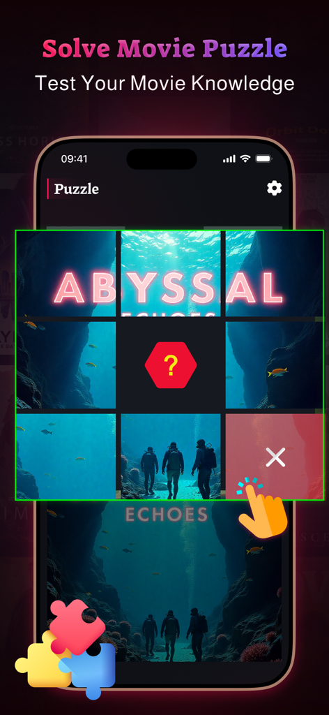 Interface of the MovieBox app showing a movie poster puzzle game to test film knowledge