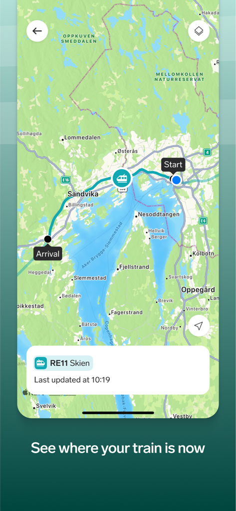 A map in the Vy app showing the real-time position and route of a train