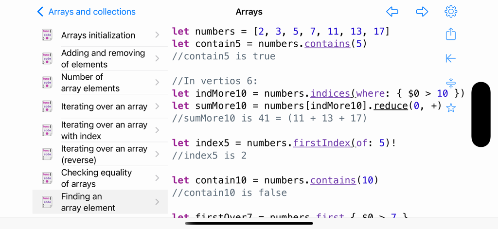 Swift code examples for array operations including finding elements and reducing data within the Recipes for Swift Pro app