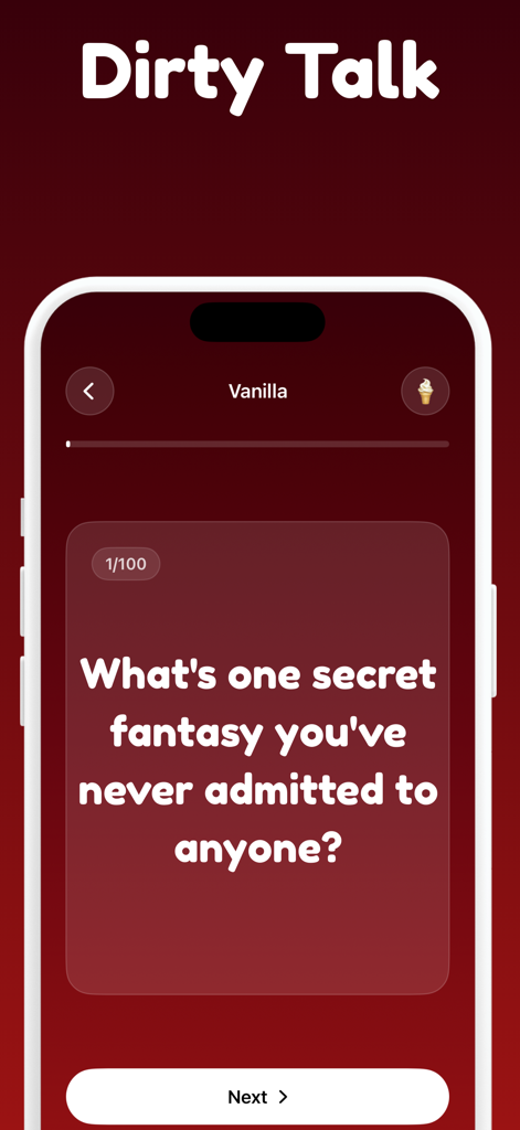 Dirty Questions - Exposed game - Dirty Questions app interface showing a Vanilla category question prompt on a red background