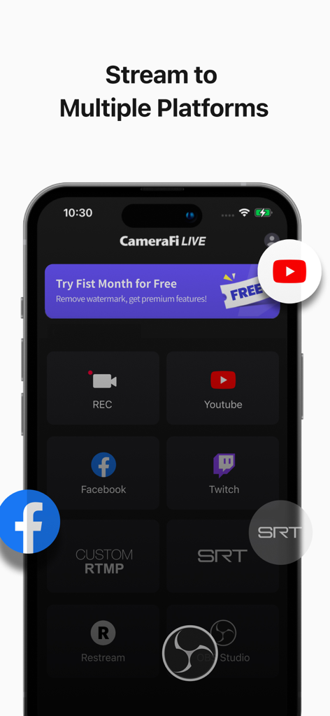 YouTube 및 Facebook과 같은 여러 플랫폼의 스트리밍 옵션을 표시하는 CameraFi Live 앱을 보여주는 스마트폰 화면