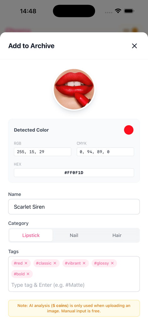 Hanabi~ - A screenshot of the Hanabi app showing the color archive feature with a detected red lipstick shade named Scarlet Siren.