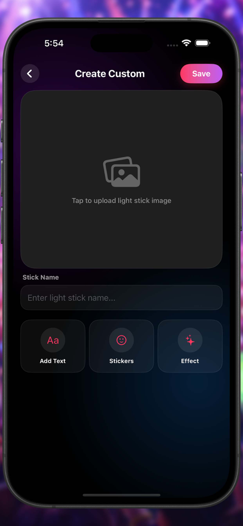 Idol Light Stick Kpop Creator - Oberfläche zur Erstellung eines benutzerdefinierten K-Pop-Leuchtstabs mit Optionen zum Hochladen eines Bildes, Hinzufügen von Textaufklebern und Spezialeffekten