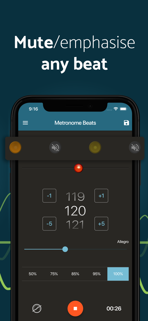 Metronome Beats Pro - Metronome Beats Pro app screen showing how to mute or emphasize individual beats in a rhythm.
