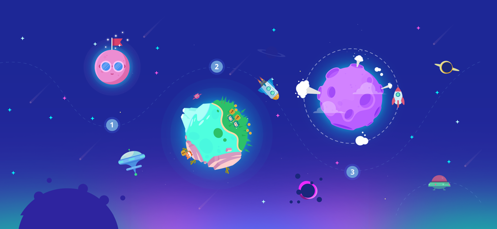 Écran de sélection de niveau thématique spatial avec des planètes numérotées et des vaisseaux spatiaux de dessins animés.