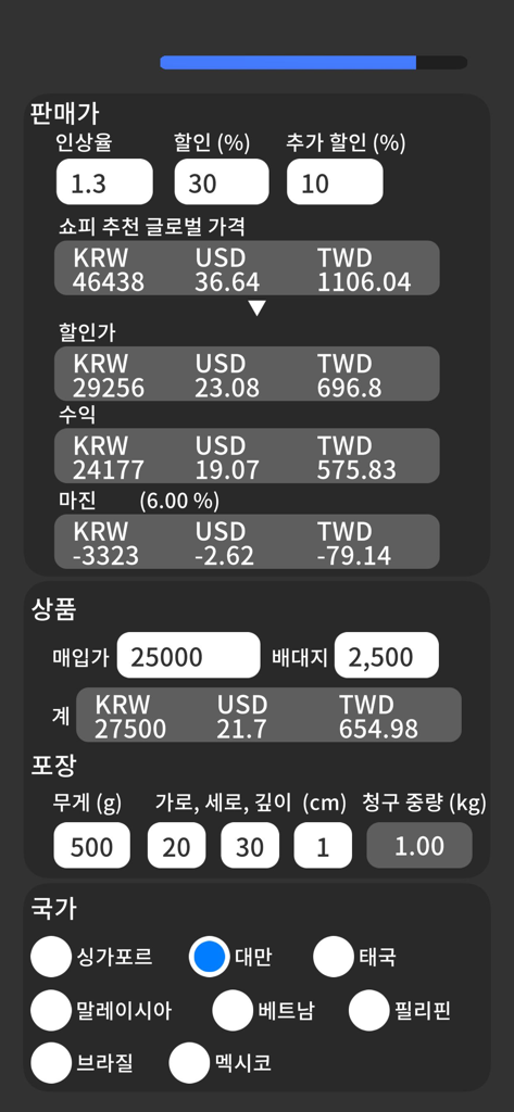 Shopee PriceTool - A mobile interface for the Shopee PriceTool app displaying a cross-border e-commerce price and profit margin calculator with currency conversions