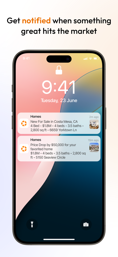 Smartphone displaying Homes.com real estate notifications for new listings and price drops