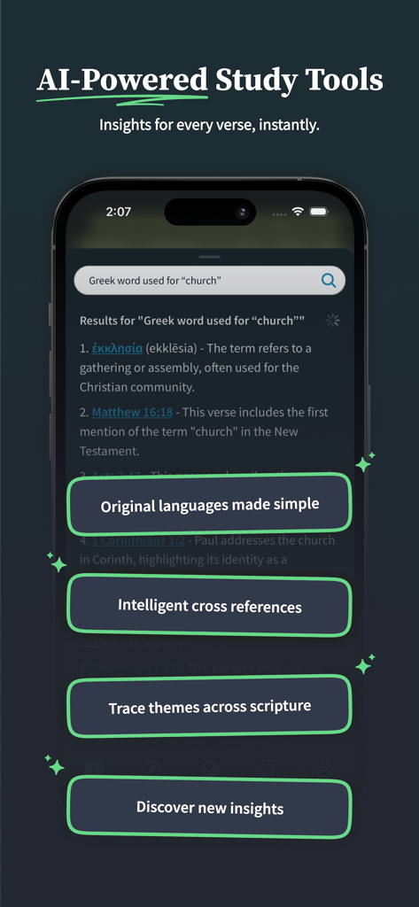 SparkBible: Bible Study - Pantalla de la aplicación SparkBible mostrando herramientas de estudio de IA para la investigación de palabras griegas y perspectivas bíblicas.