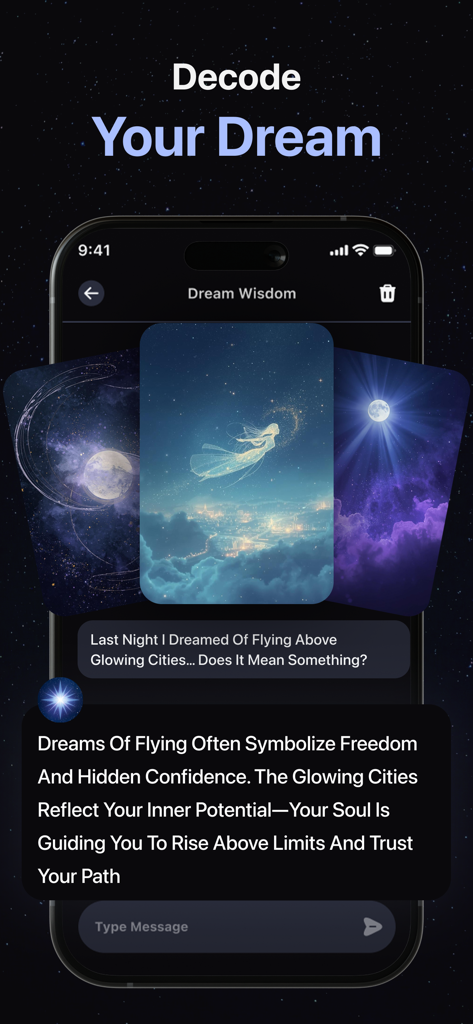 Soulmate Art: AI Drawing - Una pantalla de teléfono inteligente que muestra la función Dream Decode de la aplicación Soulmate Art con interpretaciones de IA e ilustraciones de sueños etéreos.