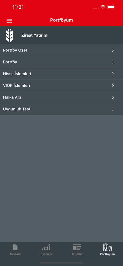 Ziraat Trader Mobile - Ziraat Trader Mobile app portfolio menu screen showing options for stock and VIOP transactions in Turkish.