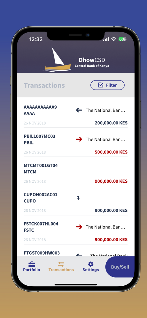 DhowCSD - A transaction history screen in the DhowCSD app showing several financial entries in Kenyan Shillings for government securities.