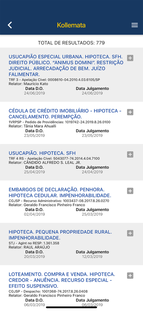 Kollemataモバイルアプリケーション内のブラジル法学説検索結果リスト