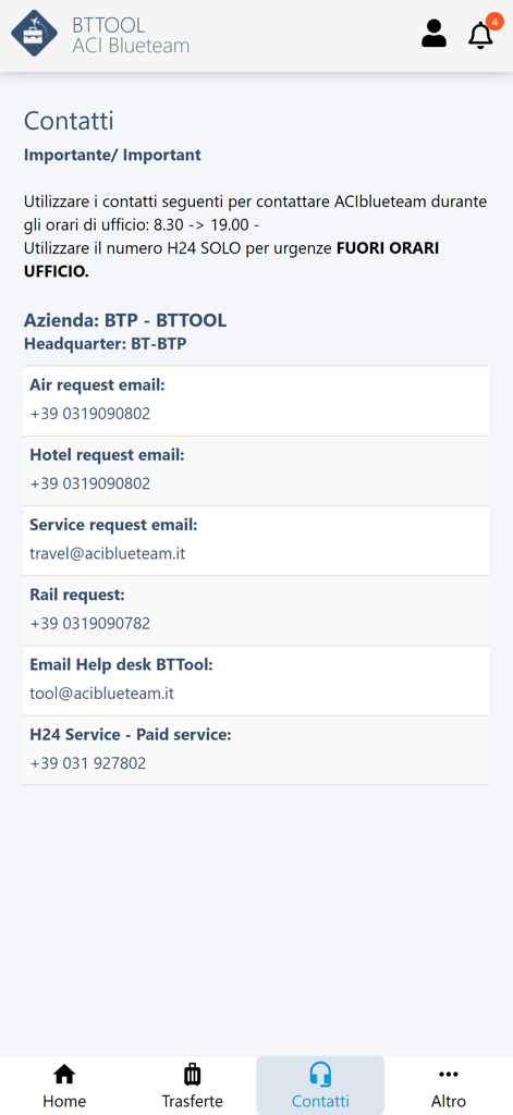 BTTool - Schermata contatti dell'app BTTool che mostra informazioni di supporto per viaggi aziendali e numeri di telefono per richieste di voli, hotel e treni