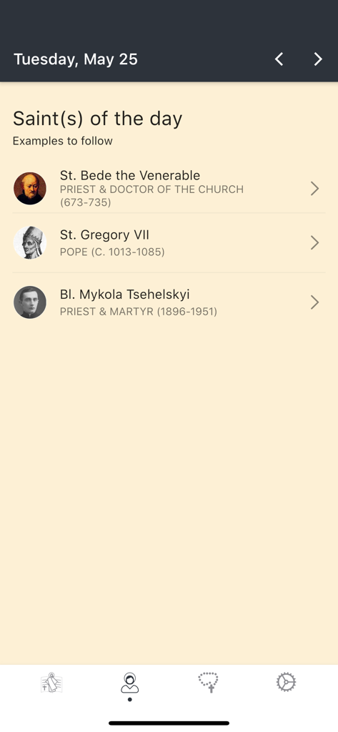 La pantalla de los santos del día en la aplicación católica Evangelizo