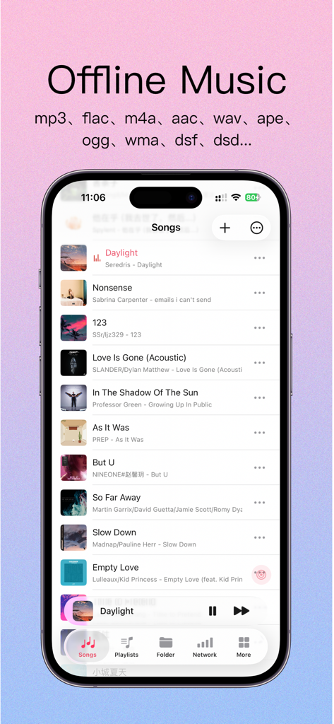 OnePlayer Pro-Offline Music - OnePlayer Pro app interface showing a list of songs and supported audio formats for offline playback